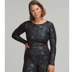 LULULEMON Wunder Train Cropped Long Sleeve Shirt Black Iridescent Foil Size 6